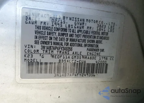 2015 Nissan Sentra S z USA, uszkodzony, nr VIN 3N1AB7AP4FY249356